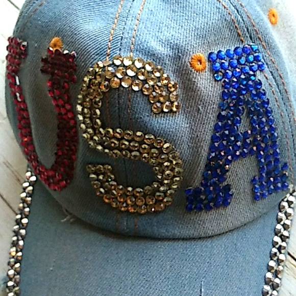 Bling Denim Jean USA American Flag Women’s New Baseball Cap Adjustable Hat - Picture 2 of 5